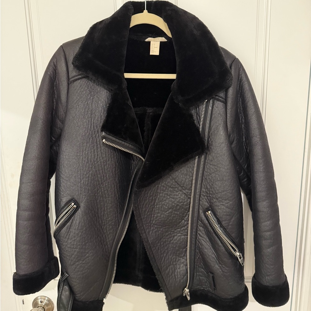 H&M Black Leather Shearling Jacket